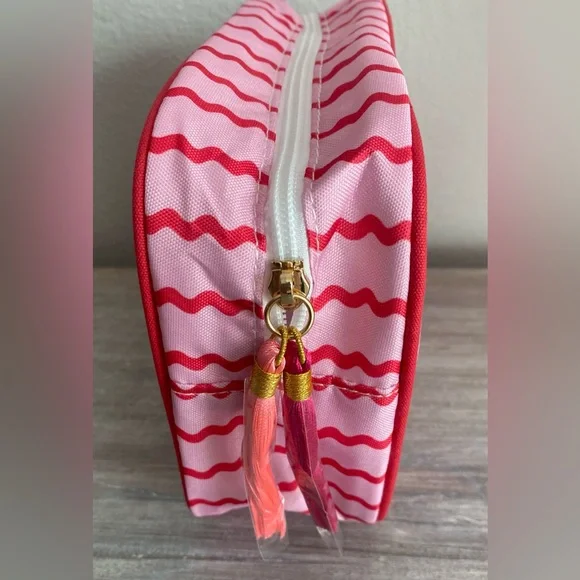 Pink Red Squiggly-Striped Boutique Fabric Zip Cosmetic Bag Tote Makeup Organizer - Picture 3 of 6